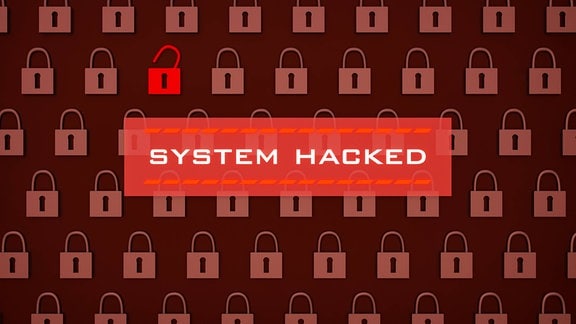 Illustration mit dem Schriftzug "System Hacked" und mehreren Schlössern