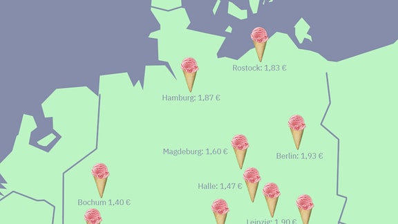 Eine Karte von Deutschland, die Eispreise in verschiedenen Orten zeigt
