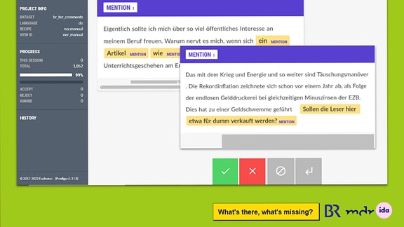 Screenshot eines Tools, mit dem man Textpassagen markieren kann, um damit ein Machine-Learning-Modell zu trainieren.