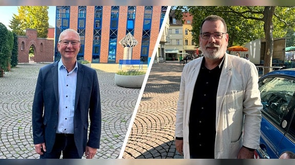 Die beiden Kandidaten zur OB-Stichwahl in Bitterfeld-Wolfen, Armin Schenk (CDU) und Henning Dornack (AfD), in einem Zusammenschnitt nebeneinander