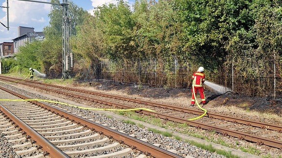 Feuerwehr löscht einen Böschungsbrand an der Bahnstrecke Dessau-Bitterfeld