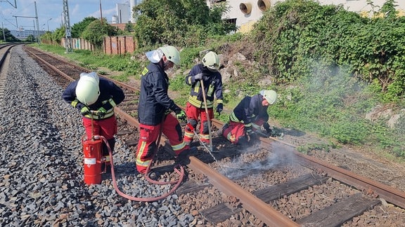Feuerwehr löscht einen Böschungsbrand an der Bahnstrecke Dessau-Bitterfeld