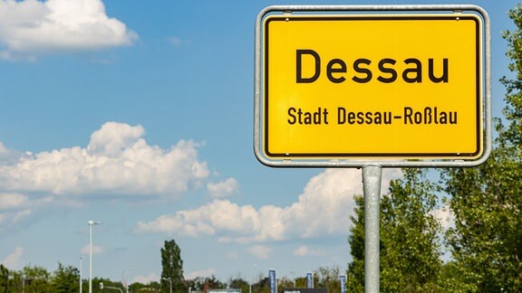 Neben einer Straße steht ein Ortseingangsschild von Dessau-Roßlau.