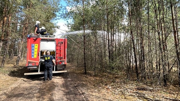 Zwei Feuerwehrleute an einem Feuerwehrtransporter mit Löschschlauch im Wald