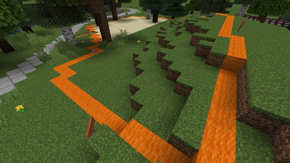 Blick in eine Videospiel-Pixelwelt, wie eine leere Fläche zwischen Bäumen zeigt