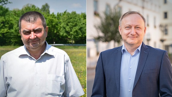 Die Bürgermeisterkandidaten in Kemberg, Torsten Seelig (CDU) und Matthias Lieschke (AfD) v.l.n.r.