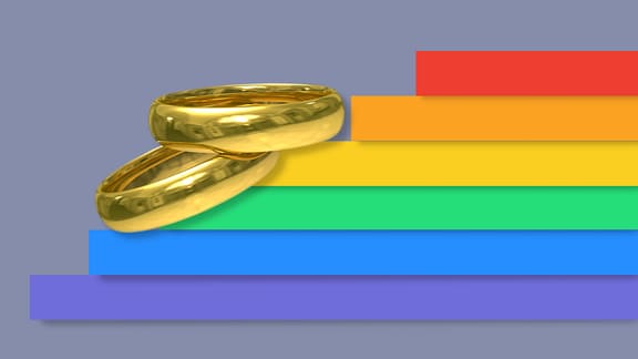 Zwei Ringe stecken auf einer Regenbogenflagge.