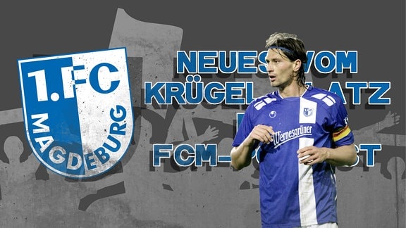 Die Grafik zeigt das Cover des Podcast "Neues vom Krügel-Platz" mit dem früheren FCM-Spieler Christian Prest.