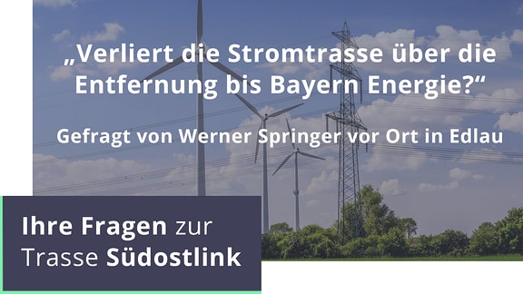Windräder und Strommasten, davor die Frage "Verliert die Stromtrasse über die Entfernung bis Bayern Energie?"