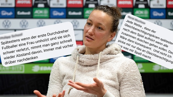 Almuth Schult, Torwartfrau beim Fußball-Bundesligisten VfL Wolfsburg, neben ihr Kommentare von Facebook