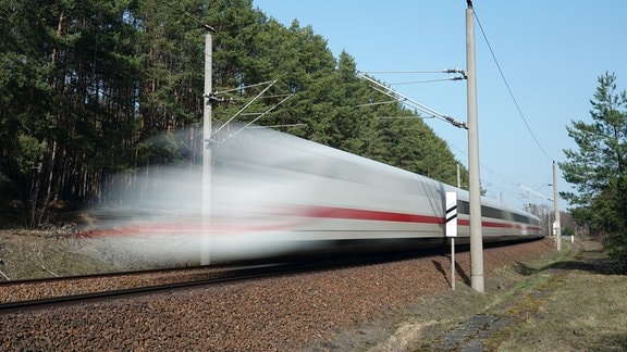 Ein ICE (Baureihe 401) rauscht auf einer zweigleisigen Strecke in einer Kurve vorbei
