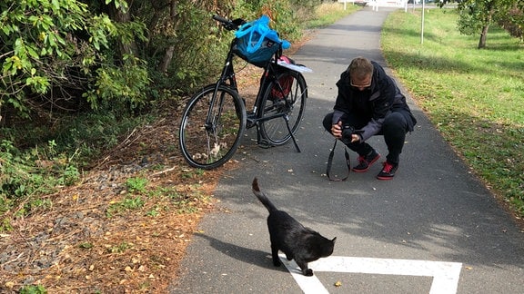 André Plaul hat sein Fahrrad auf dem Radweg abgestellt und fotografiert eine Katze, die über den Weg läuft