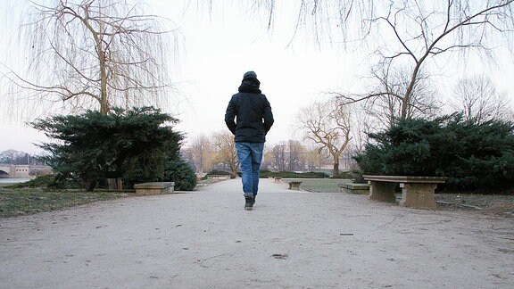 Blick von hinten auf eine Person, die alleine durch einen Park spaziert. 