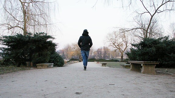 Blick von hinten auf eine Person, die alleine durch einen Park spaziert. 