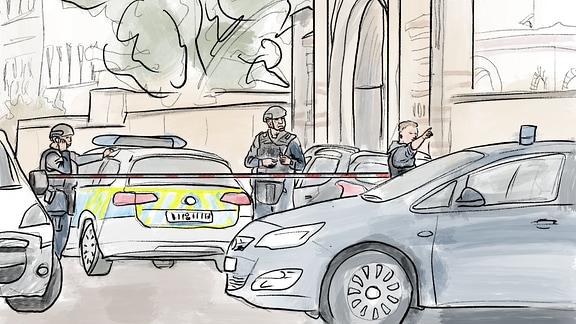 Ein Polizeiaufgebot nach dem Anschlag von Halle