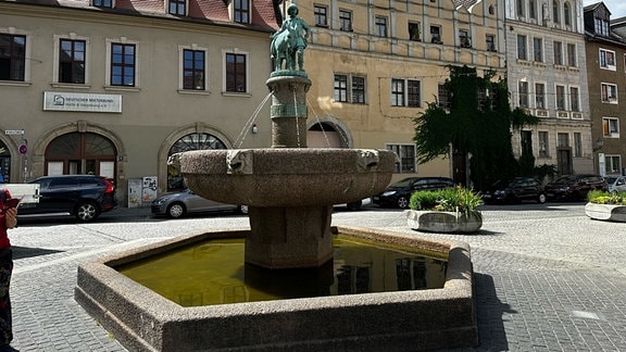 Ein Brunnen mit einer Figur in der Mitte steht auf einem zentralen Platz in Halle an der Saale.