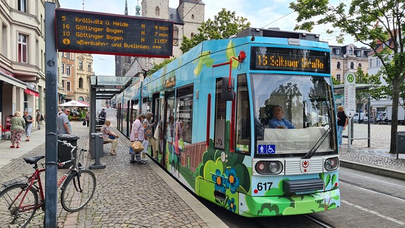 Eine Straßenbahn steht in Halles Innenstadt an einer Haltestelle.