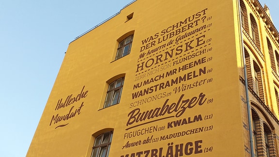 Wörter in hallescher Mundart, initiiert durch den Verein Pro Halle, an einer Hausfassade am Hallmarkt in Halle