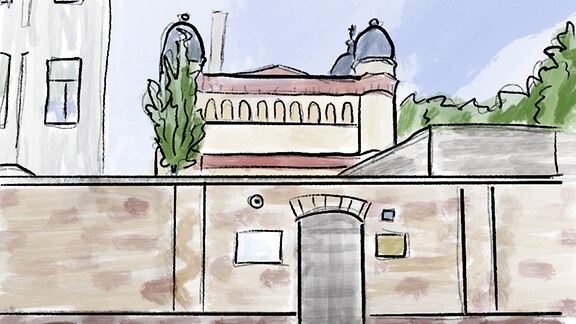 Grafik: Der Eingang zur Synagoge Halle