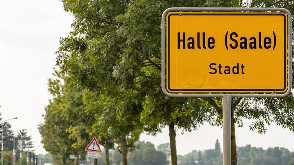 Das Ortsschild von Halle an der Saale, daneben eine mit Bäumen gesäumte Straße. 