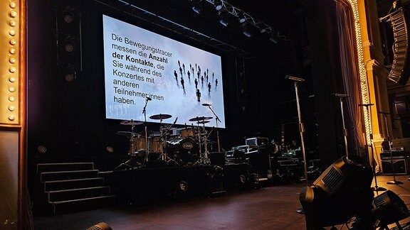 Eine Leinwand mit Erklärungen und Instrumente auf der Bühne