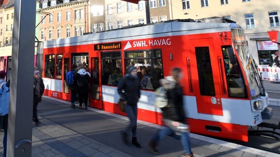 Eine Straßenbahn an einer Haltestelle in Halle.