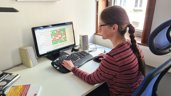 Eine Frau mit langem Zopf arbeitet am Computer.