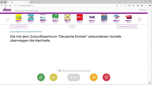 Screenshot einer Online-Wahlhilfe. Die Aussage: Die mit dem Zukunftszentrum "Deutsche Einheit" verbundenen Vorteile überwiegen die Nachteile. Dazu fünf Buttons, von kompletter Zustimmung bis kompletter Ablehnung.