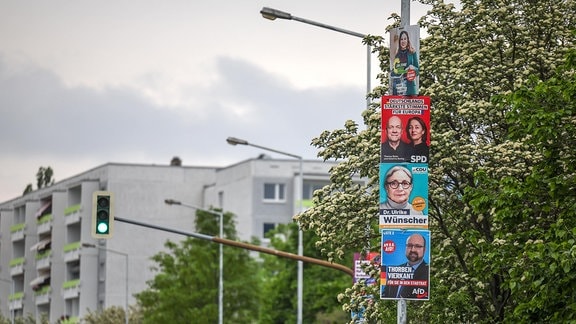 Wahlplakate hängen hoch oben an einem Laternenmast