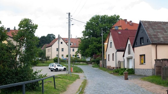 Eine kleine Straße mit Bäumen und kleinen Häusern