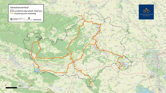 Eine Karte zeigt den Entwurf für den Kupferspuren-Radweg in Mansfeld-Südharz