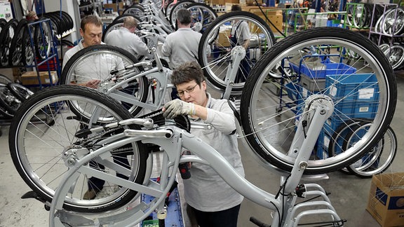Mitarbeiter des Fahrradherstellers Sachsenring Bike Manufaktur GmbH montieren Fahhräder an einer Taktstasse in dem Unternehmen in Sangerhausen.