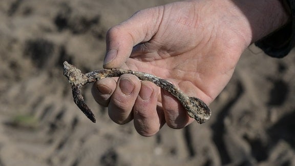 Ein Kugelstachelsporn aus dem ausgehenden 12. Jahrhundert, der zur persönlichen Ausstattung eines adligen Ritters gehörte, ist eines der Fundstücke der archäologischen Grabungen neben der Doppelkapelle St. Crucis.