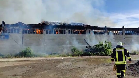 Feuerwehr bei einer brennenden Halle.