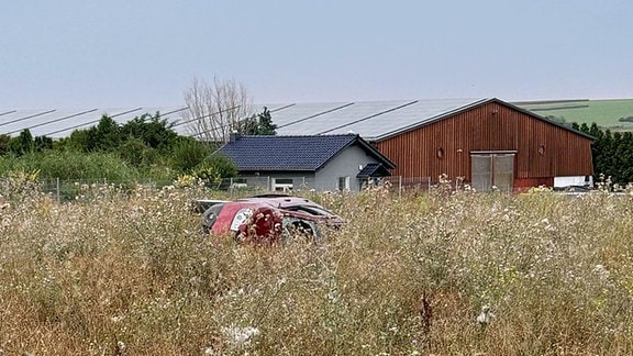 Rotes Auto liegt seitlich in einer hohen Wiese.