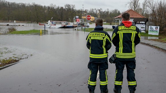 Feuerwehrleute stehen an der Fähre in Brachwitz, die wegen Hochwasser den Betrieb eingestellt hat.