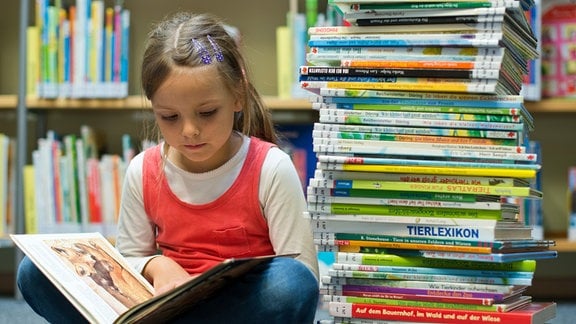 Das sechsjährige Mädchen Amy schaut sich am 11.09.2013 in der Kinderbibliothek in Frankfurt (Oder) (Brandenburg) ein Buch an.