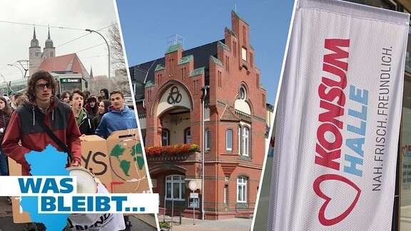 Schüler auf einer Klimademonstration in Magdeburg, das Genthiner Rathaus und eine Fahne mit dem Konsum-Logo