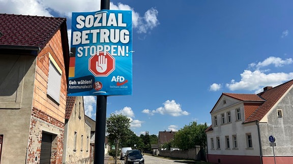 Ein AfD-Wahlplakat an einer Straßenlaterne
