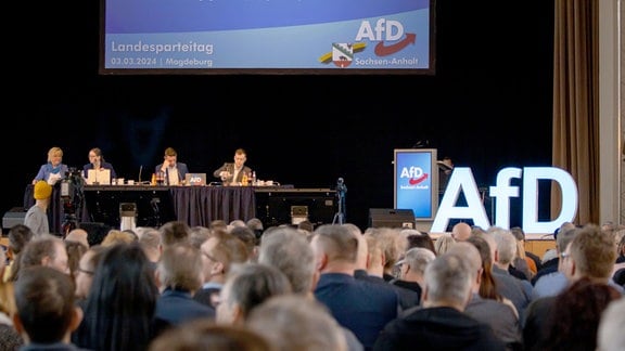 Menschen sitzen in einem Saal, auf der Bühne vor ihnen sitzen Menschen an einem Tisch, rechts daneben ein großer AfD-Schriftzug.