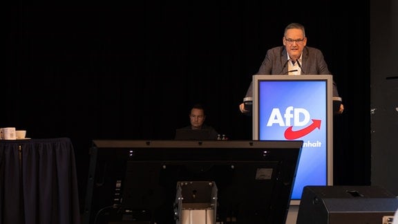 Martin Reichardt steht an einem Redepult der AfD.