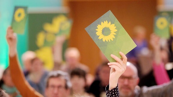 Stimmkarten werden beim Landesparteitag von Bündnis 90/ Die Grünen Sachsen-Anhalt in die Höhe gehalten. 