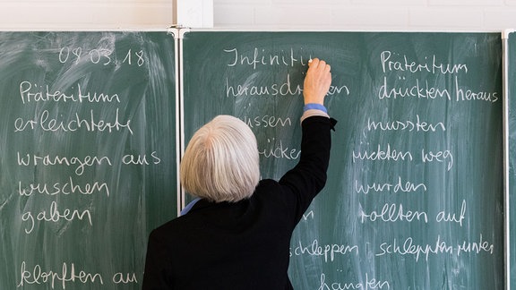Eine Lehrerin steht in einem Klassenraum an einer Tafel und schreibt