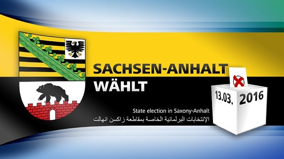 MDR-Logo für die Themenwoche zur Landtagswahl 2016: Sachsen-Anhalt wählt - Informationen auf englisch und arabisch