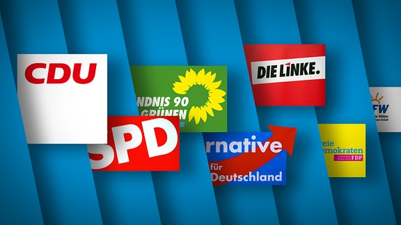 Auf blauem Hintergrund sind die Logos mehrerer Parteien in Sachsen-Anhalt zu sehen.