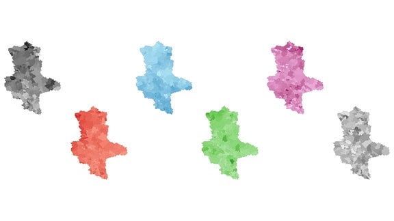 6 Sachsen-Anhalt-Karten, die jeweils farblich so eingefärbt sind, wie die Zweitstimmen-Anteile der Parteien CDU, AfD, Linke, SPD und Grünen bei der Landtagswahl 2016 sowie die Wahlbeteiligung auf Gemeinde-Ebene waren. 