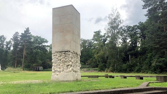 Eine Stele aus eierschalenfarbenen Kalkstein auf einer Wiese.  