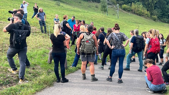 Viele Menschen stehen neben einer Weide.