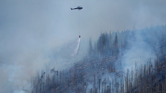 Ein Hubschrauber wirft Wasser über ein Feuer im Harz unterhalb des Brockens ab.