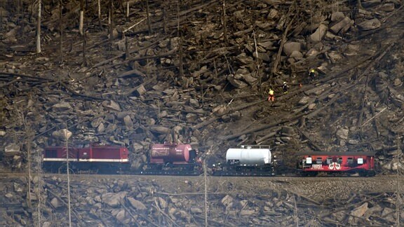 Einsatzkräfte sind bei einem Waldbrand am Königsberg unterhalb vom Brocken im Harz im Einsatz.